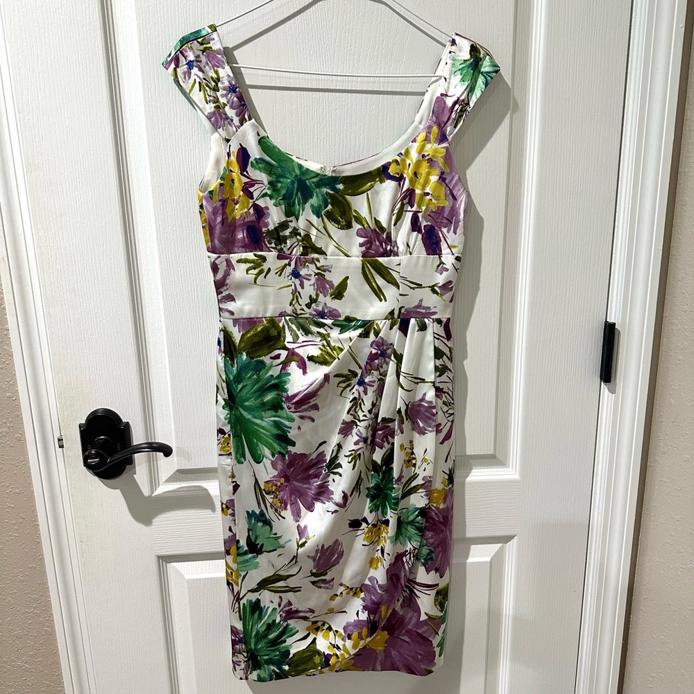 Vintage Maggie L White Floral Sheath Draped Front Cocktail Dress Sz 4
